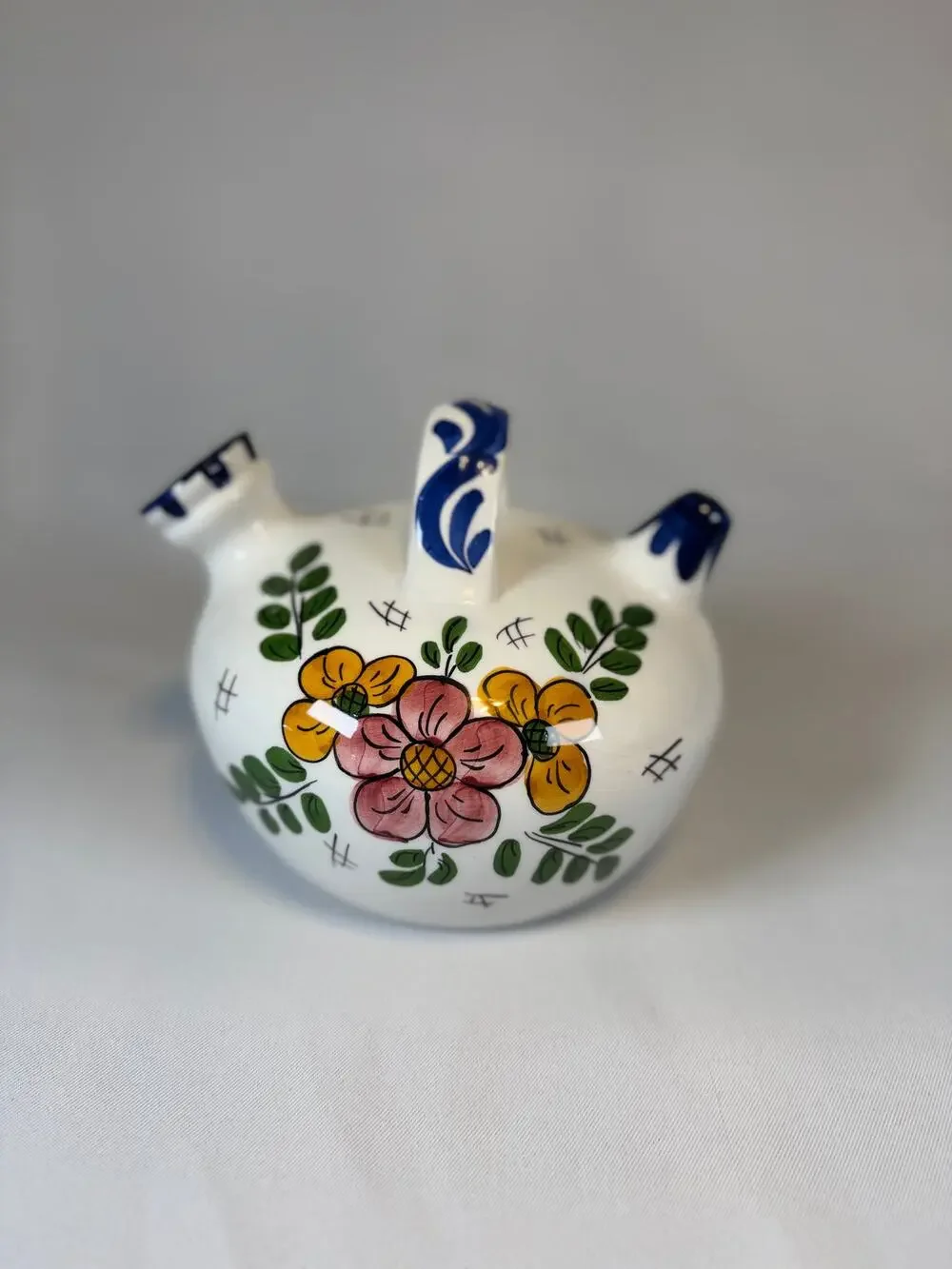 Vtg Spanish Botijo Hand Painted Ceramic Water Jug Floral Folk Art Double Spout